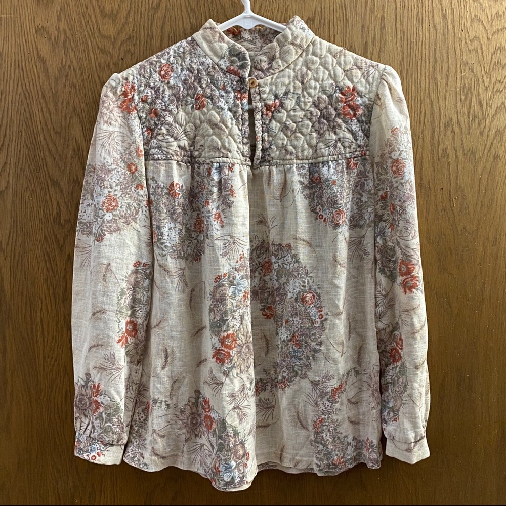 Vintage quilted floral print puff sleeve blouse